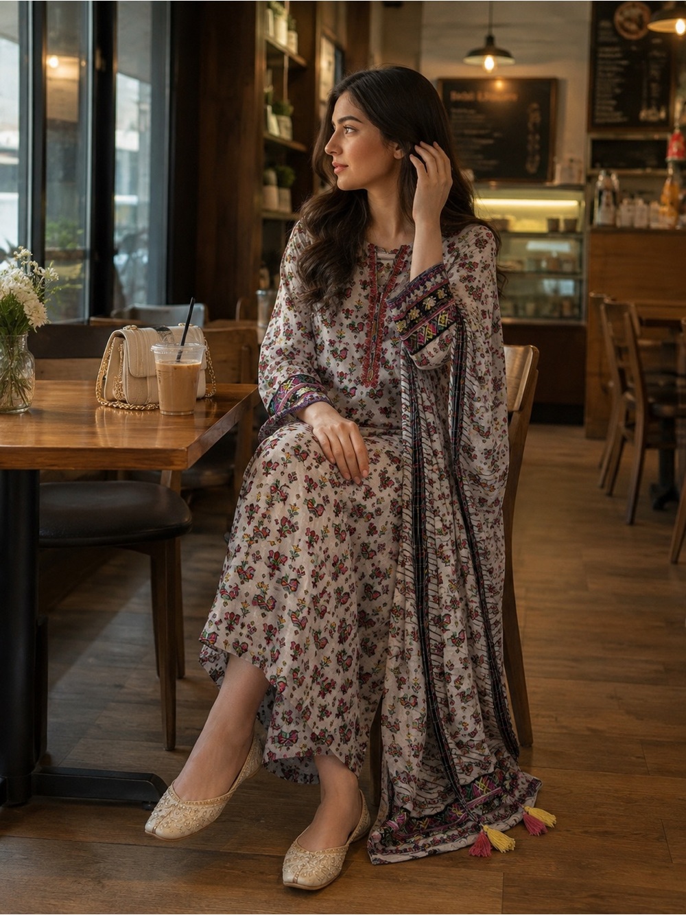 Elegant Floral Women’s Lawn Robe – White with Purple Accents